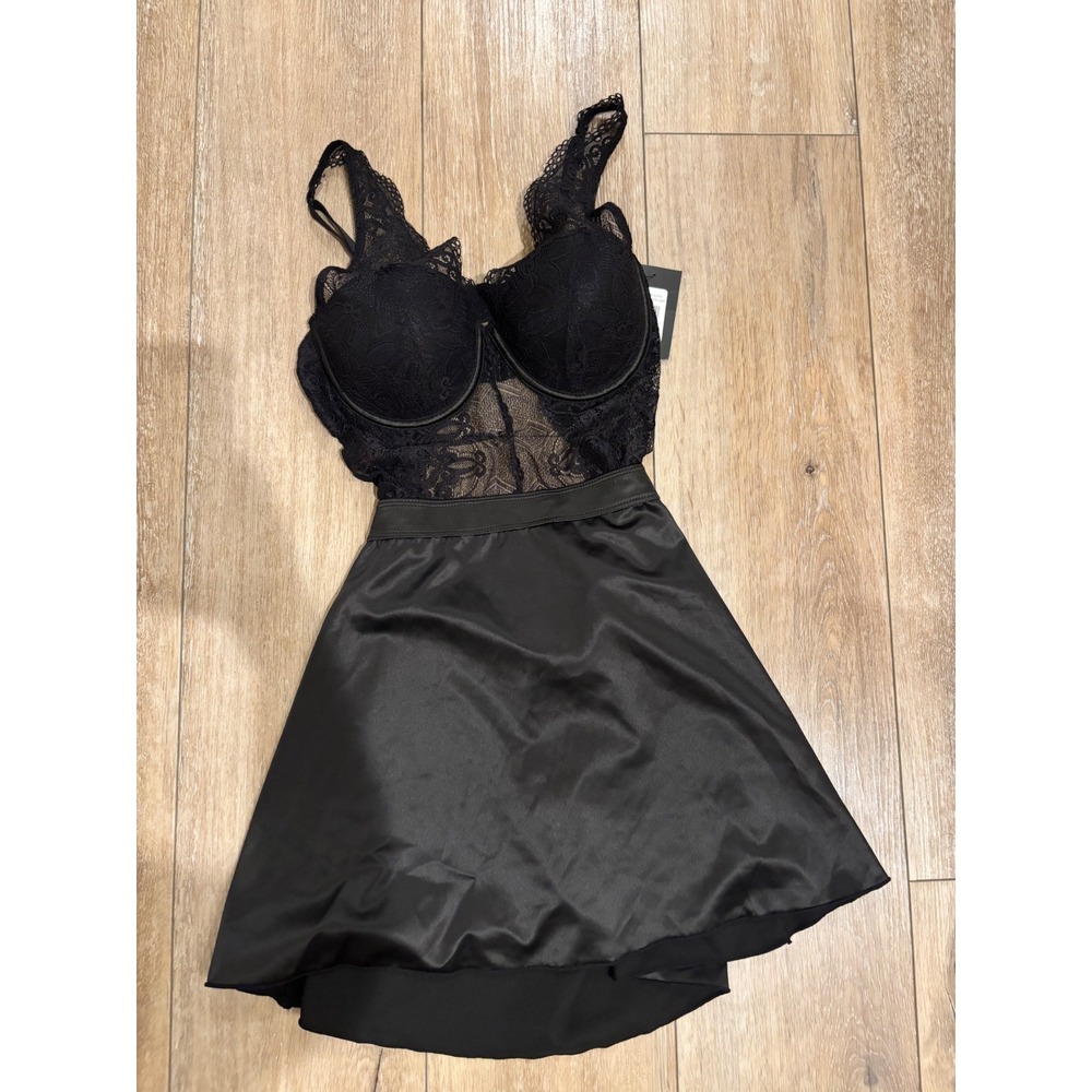 Fredericks of Hollywood Poppy Olivia Black Lace Satin Babydoll Dress Small